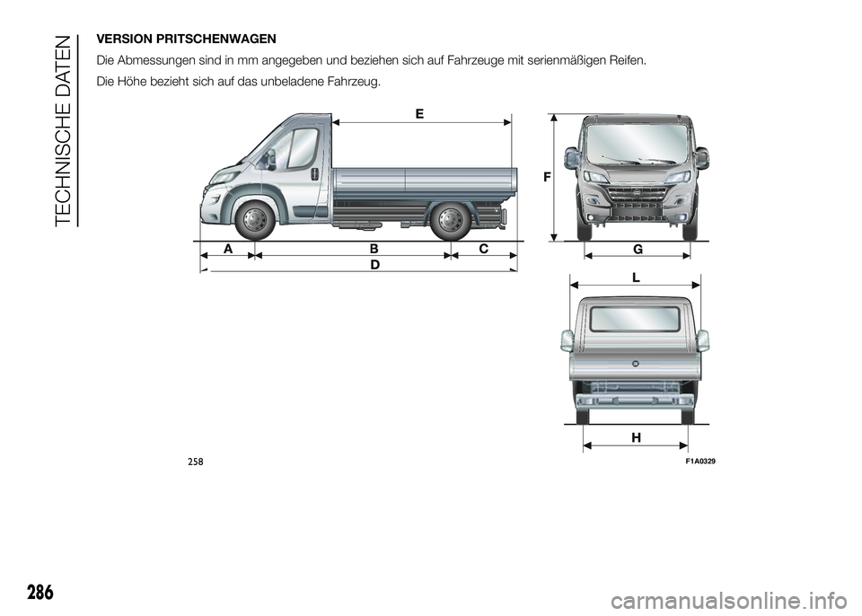 FIAT DUCATO BASE CAMPER 2016  Betriebsanleitung (in German) VERSION PRITSCHENWAGEN
Die Abmessungen sind in mm angegeben und beziehen sich auf Fahrzeuge mit serienmäßigen Reifen.
Die Höhe bezieht sich auf das unbeladene Fahrzeug.
258F1A0329
286
TECHNISCHE DA