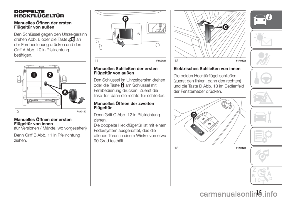 FIAT DUCATO BASE CAMPER 2017  Betriebsanleitung (in German) DOPPELTE
HECKFLÜGELTÜR
Manuelles Öffnen der ersten
Flügeltür von außen
Den Schlüssel gegen den Uhrzeigersinn
drehen Abb. 6 oder die Taste
an
der Fernbedienung drücken und den
Griff A Abb. 10 i