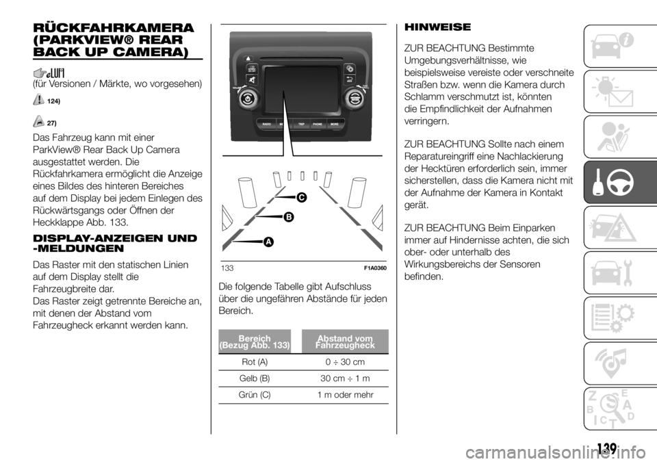FIAT DUCATO BASE CAMPER 2018  Betriebsanleitung (in German) RÜCKFAHRKAMERA
(PARKVIEW® REAR
BACK UP CAMERA)
(für Versionen / Märkte, wo vorgesehen)
124)
27)
Das Fahrzeug kann mit einer
ParkView® Rear Back Up Camera
ausgestattet werden. Die
Rückfahrkamera 