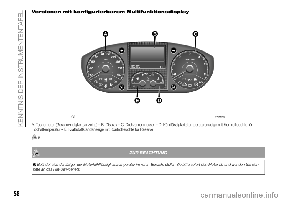 FIAT DUCATO BASE CAMPER 2018  Betriebsanleitung (in German) Versionen mit konfigurierbarem Multifunktionsdisplay
A. Tachometer (Geschwindigkeitsanzeige) – B. Display – C. Drehzahlenmesser – D. Kühlflüssigkeitstemperaturanzeige mit Kontrollleuchte für

