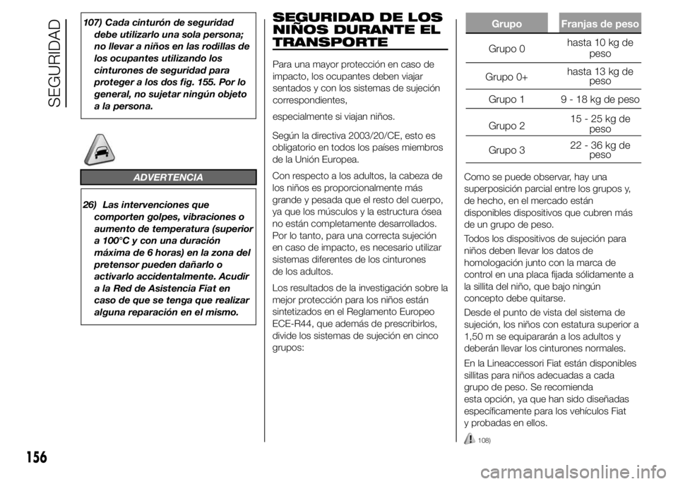 FIAT DUCATO BASE CAMPER 2015 Manual de Empleo y Cuidado (in Spanish) 107) Cada cinturón de seguridad
debe utilizarlo una sola persona;
no llevar a niños en las rodillas de
los ocupantes utilizando los
cinturones de seguridad para
proteger a los dos fig. 155. Por lo
g FIAT DUCATO BASE CAMPER 2015 Manual de Empleo y Cuidado (in Spanish) 107) Cada cinturón de seguridad
debe utilizarlo una sola persona;
no llevar a niños en las rodillas de
los ocupantes utilizando los
cinturones de seguridad para
proteger a los dos fig. 155. Por lo
g