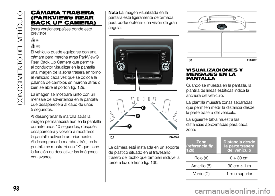FIAT DUCATO BASE CAMPER 2016 Manual de Empleo y Cuidado (in Spanish) CÁMARA TRASERA
(PARKVIEW® REAR
BACK UP CAMERA)
(para versiones/países donde esté
previsto)
9)
81)
El vehículo puede equiparse con una
cámara para marcha atrás ParkView®
Rear Back Up Camera que FIAT DUCATO BASE CAMPER 2016 Manual de Empleo y Cuidado (in Spanish) CÁMARA TRASERA
(PARKVIEW® REAR
BACK UP CAMERA)
(para versiones/países donde esté
previsto)
9)
81)
El vehículo puede equiparse con una
cámara para marcha atrás ParkView®
Rear Back Up Camera que