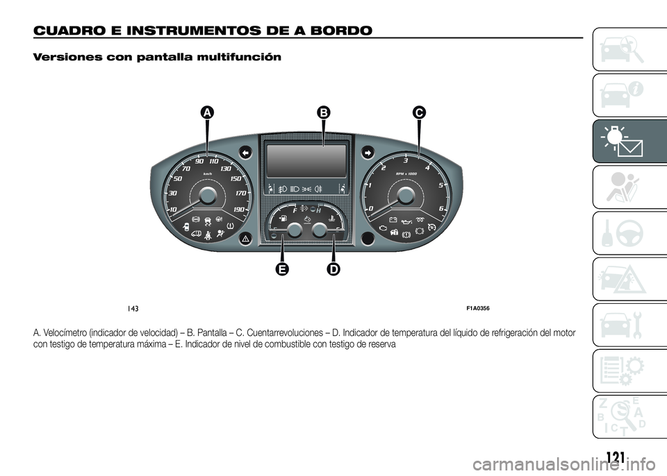 FIAT DUCATO BASE CAMPER 2016 Manual de Empleo y Cuidado (in Spanish) CUADRO E INSTRUMENTOS DE A BORDO.
Versiones con pantalla multifunción
A. Velocímetro (indicador de velocidad) – B. Pantalla – C. Cuentarrevoluciones – D. Indicador de temperatura del líquido FIAT DUCATO BASE CAMPER 2016 Manual de Empleo y Cuidado (in Spanish) CUADRO E INSTRUMENTOS DE A BORDO.
Versiones con pantalla multifunción
A. Velocímetro (indicador de velocidad) – B. Pantalla – C. Cuentarrevoluciones – D. Indicador de temperatura del líquido