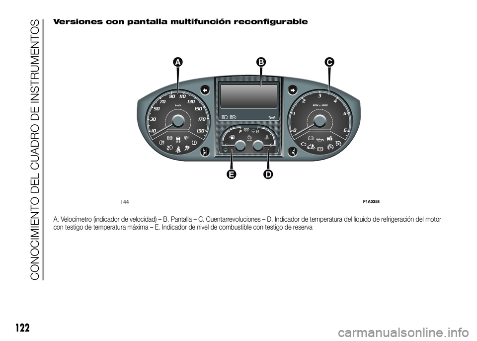 FIAT DUCATO BASE CAMPER 2016 Manual de Empleo y Cuidado (in Spanish) Versiones con pantalla multifunción reconfigurable
A. Velocímetro (indicador de velocidad) – B. Pantalla – C. Cuentarrevoluciones – D. Indicador de temperatura del líquido de refrigeración d FIAT DUCATO BASE CAMPER 2016 Manual de Empleo y Cuidado (in Spanish) Versiones con pantalla multifunción reconfigurable
A. Velocímetro (indicador de velocidad) – B. Pantalla – C. Cuentarrevoluciones – D. Indicador de temperatura del líquido de refrigeración d
