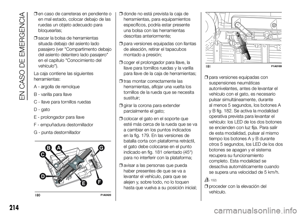 FIAT DUCATO BASE CAMPER 2016 Manual de Empleo y Cuidado (in Spanish) ❒en caso de carreteras en pendiente o
en mal estado, colocar debajo de las
ruedas un objeto adecuado para
bloquearlas;
❒sacar la bolsa de herramientas
situada debajo del asiento lado
pasajero (ver FIAT DUCATO BASE CAMPER 2016 Manual de Empleo y Cuidado (in Spanish) ❒en caso de carreteras en pendiente o
en mal estado, colocar debajo de las
ruedas un objeto adecuado para
bloquearlas;
❒sacar la bolsa de herramientas
situada debajo del asiento lado
pasajero (ver
