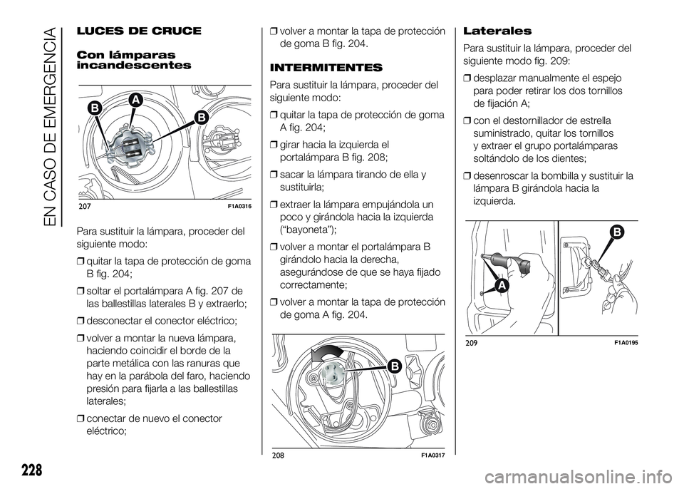 FIAT DUCATO BASE CAMPER 2016 Manual de Empleo y Cuidado (in Spanish) LUCES DE CRUCE
Con lámparas
incandescentes
Para sustituir la lámpara, proceder del
siguiente modo:
❒quitar la tapa de protección de goma
B fig. 204;
❒soltar el portalámpara A fig. 207 de
las b FIAT DUCATO BASE CAMPER 2016 Manual de Empleo y Cuidado (in Spanish) LUCES DE CRUCE
Con lámparas
incandescentes
Para sustituir la lámpara, proceder del
siguiente modo:
❒quitar la tapa de protección de goma
B fig. 204;
❒soltar el portalámpara A fig. 207 de
las b