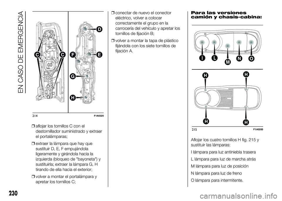 FIAT DUCATO BASE CAMPER 2016 Manual de Empleo y Cuidado (in Spanish) ❒aflojar los tornillos C con el
destornillador suministrado y extraer
el portalámparas;
❒extraer la lámpara que hay que
sustituir D, E, F empujándola
ligeramente y girándola hacia la
izquierda FIAT DUCATO BASE CAMPER 2016 Manual de Empleo y Cuidado (in Spanish) ❒aflojar los tornillos C con el
destornillador suministrado y extraer
el portalámparas;
❒extraer la lámpara que hay que
sustituir D, E, F empujándola
ligeramente y girándola hacia la
izquierda