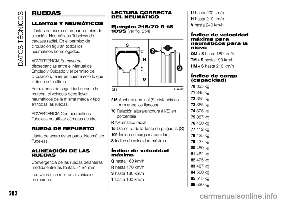 FIAT DUCATO BASE CAMPER 2016  Manual de Empleo y Cuidado (in Spanish) RUEDAS
LLANTAS Y NEUMÁTICOS
Llantas de acero estampado o bien de
aleación. Neumáticos Tubeless de
carcasa radial. En el permiso de
circulación figuran todos los
neumáticos homologados.
ADVERTENCI