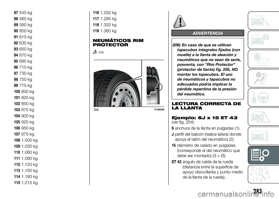 FIAT DUCATO BASE CAMPER 2016  Manual de Empleo y Cuidado (in Spanish) 87545 kg
88560 kg
89580 kg
90600 kg
91615 kg
92630 kg
93650 kg
94670 kg
95690 kg
96710 kg
97730 kg
98750 kg
99775 kg
100800 kg
101825 kg
102850 kg
103875 kg
104900 kg
105925 kg
106950 kg
107975 kg
108