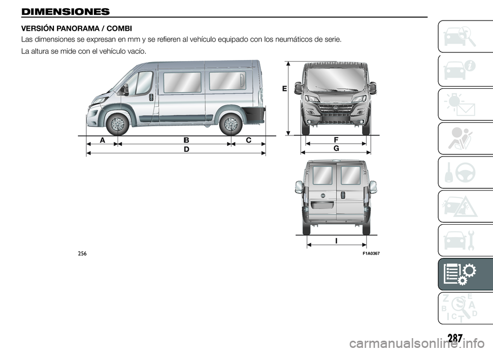 FIAT DUCATO BASE CAMPER 2016  Manual de Empleo y Cuidado (in Spanish) 256F1A0367
287
DIMENSIONES
VERSIÓN PANORAMA / COMBI
Las dimensiones se expresan en mm y se refieren al vehículo equipado con los neumáticos de serie.
La altura se mide con el vehículo vacío. 