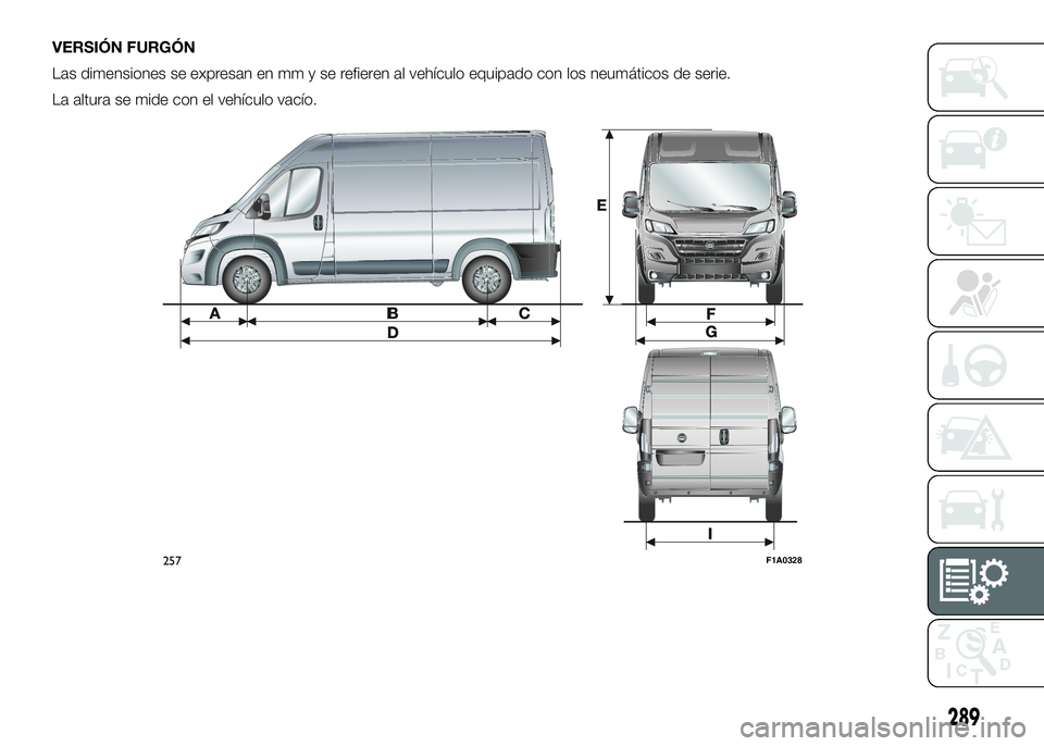 FIAT DUCATO BASE CAMPER 2016  Manual de Empleo y Cuidado (in Spanish) VERSIÓN FURGÓN
Las dimensiones se expresan en mm y se refieren al vehículo equipado con los neumáticos de serie.
La altura se mide con el vehículo vacío.
257F1A0328
289 