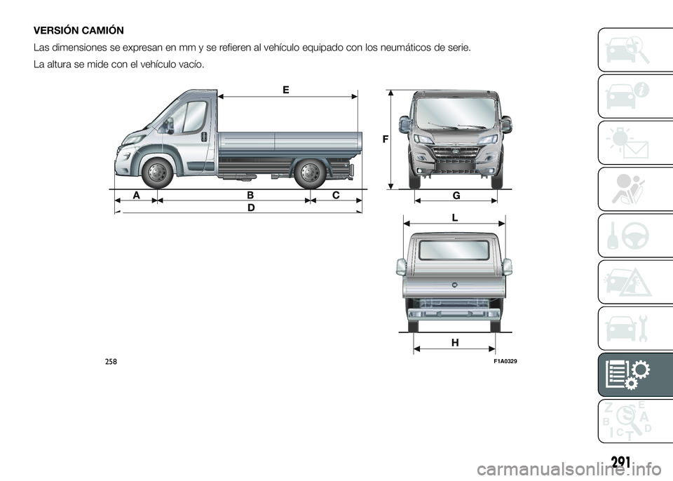 FIAT DUCATO BASE CAMPER 2016  Manual de Empleo y Cuidado (in Spanish) VERSIÓN CAMIÓN
Las dimensiones se expresan en mm y se refieren al vehículo equipado con los neumáticos de serie.
La altura se mide con el vehículo vacío.
258F1A0329
291 