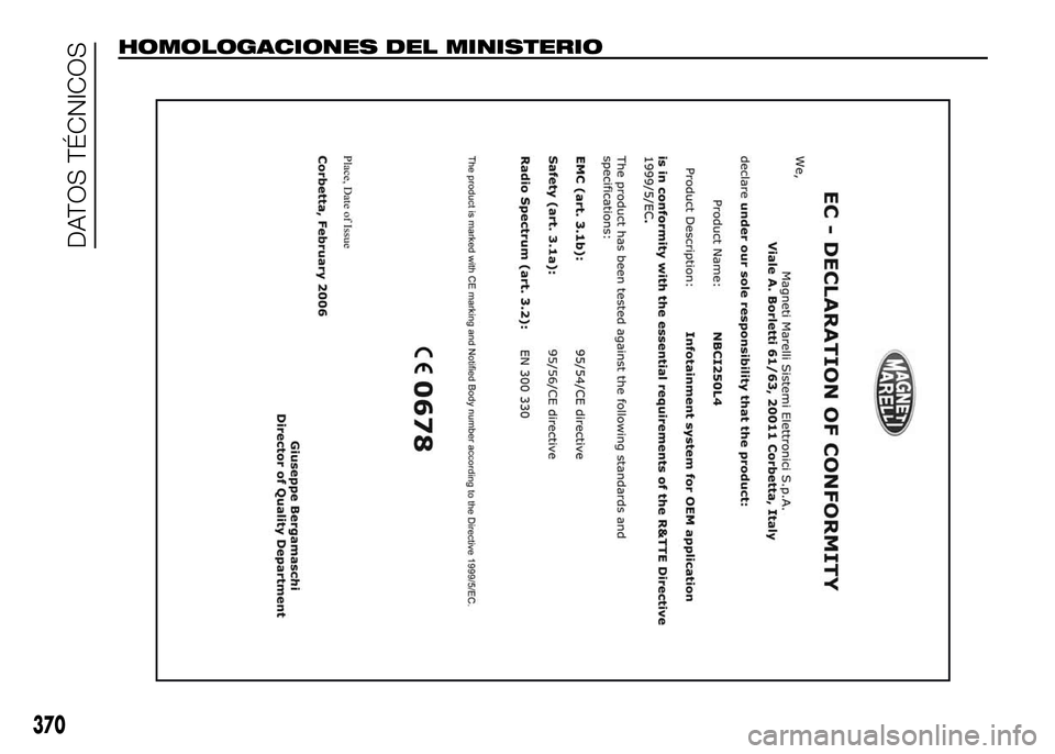 FIAT DUCATO BASE CAMPER 2016  Manual de Empleo y Cuidado (in Spanish) 370
DATOS TÉCNICOS
HOMOLOGACIONES DEL MINISTERIO 