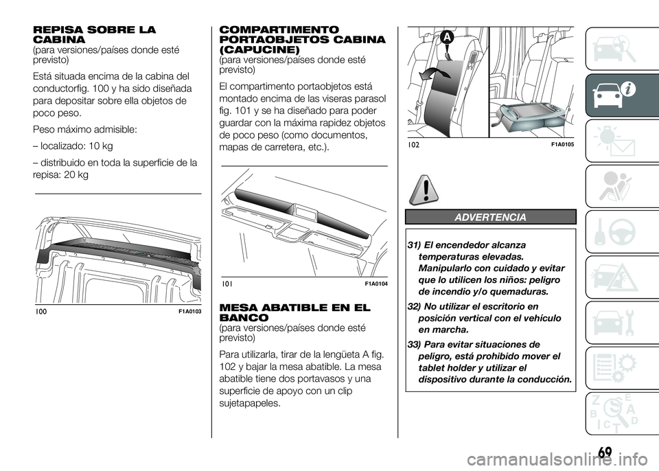 FIAT DUCATO BASE CAMPER 2016 Manual de Empleo y Cuidado (in Spanish) REPISA SOBRE LA
CABINA
(para versiones/países donde esté
previsto)
Está situada encima de la cabina del
conductorfig. 100 y ha sido diseñada
para depositar sobre ella objetos de
poco peso.
Peso m FIAT DUCATO BASE CAMPER 2016 Manual de Empleo y Cuidado (in Spanish) REPISA SOBRE LA
CABINA
(para versiones/países donde esté
previsto)
Está situada encima de la cabina del
conductorfig. 100 y ha sido diseñada
para depositar sobre ella objetos de
poco peso.
Peso m