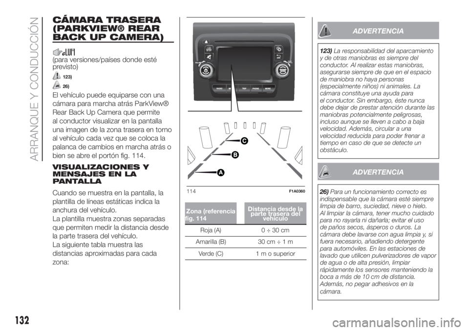 FIAT DUCATO BASE CAMPER 2017 Manual de Empleo y Cuidado (in Spanish) CÁMARA TRASERA
(PARKVIEW® REAR
BACK UP CAMERA)
(para versiones/países donde esté
previsto)
123)
26)
El vehículo puede equiparse con una
cámara para marcha atrás ParkView®
Rear Back Up Camera q FIAT DUCATO BASE CAMPER 2017 Manual de Empleo y Cuidado (in Spanish) CÁMARA TRASERA
(PARKVIEW® REAR
BACK UP CAMERA)
(para versiones/países donde esté
previsto)
123)
26)
El vehículo puede equiparse con una
cámara para marcha atrás ParkView®
Rear Back Up Camera q