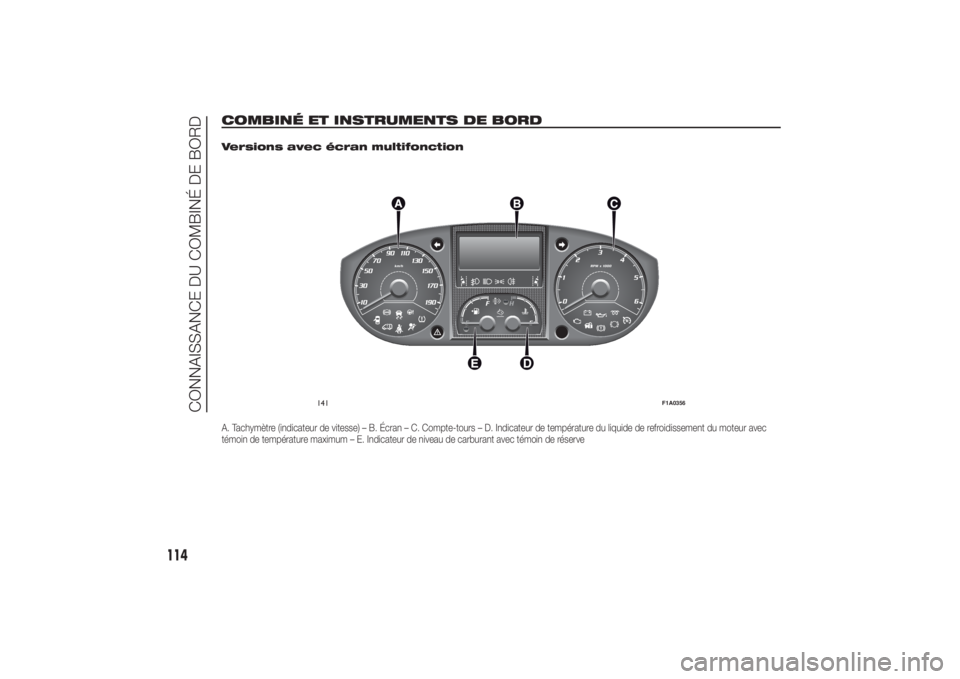 FIAT DUCATO BASE CAMPER 2014 Notice dentretien (in French) COMBINÉ ET INSTRUMENTS DE BORD
.
Versions avec écran multifonctionA. Tachymètre (indicateur de vitesse) – B. Écran – C. Compte-tours – D. Indicateur de température du liquide de refroidisse FIAT DUCATO BASE CAMPER 2014 Notice dentretien (in French) COMBINÉ ET INSTRUMENTS DE BORD
.
Versions avec écran multifonctionA. Tachymètre (indicateur de vitesse) – B. Écran – C. Compte-tours – D. Indicateur de température du liquide de refroidisse