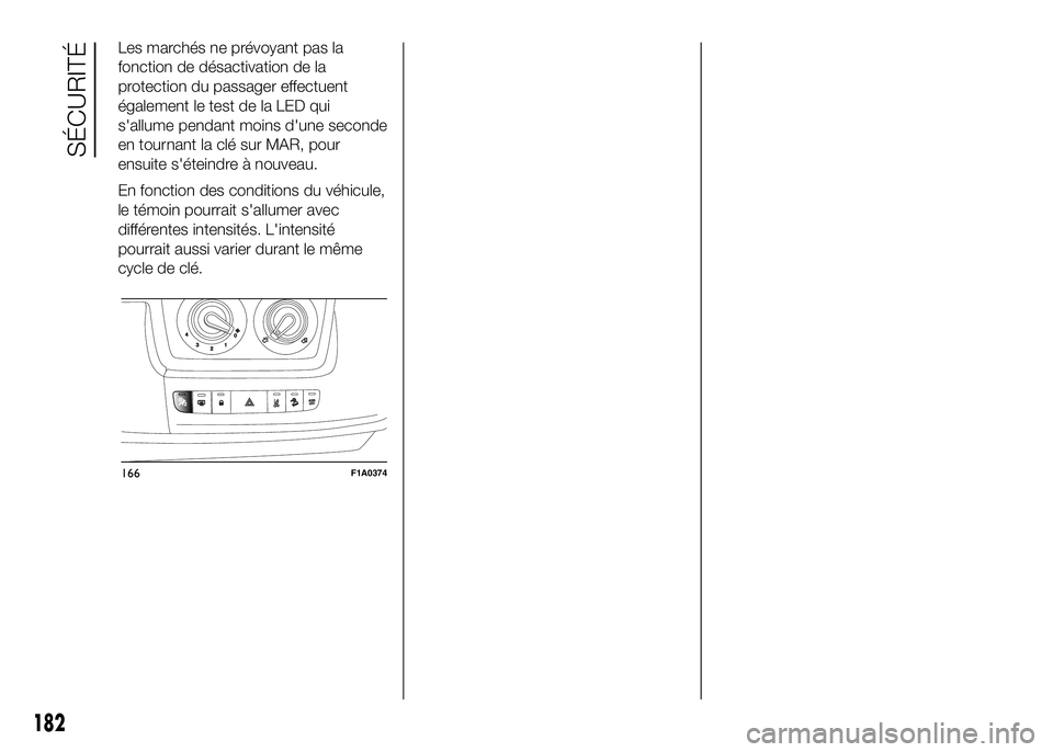 FIAT DUCATO BASE CAMPER 2016  Notice dentretien (in French) Les marchés ne prévoyant pas la
fonction de désactivation de la
protection du passager effectuent
également le test de la LED qui
s'allume pendant moins d'une seconde
en tournant la clé s