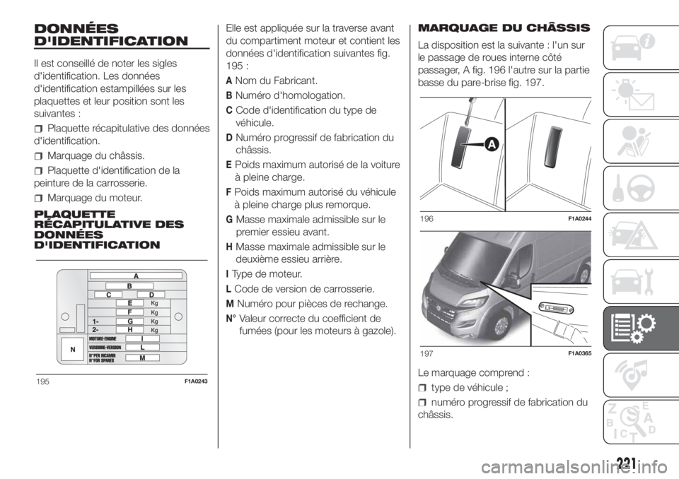 FIAT DUCATO BASE CAMPER 2017 Notice dentretien (in French) DONNÉES
D'IDENTIFICATION
Il est conseillé de noter les sigles
d'identification. Les données
d'identification estampillées sur les
plaquettes et leur position sont les
suivantes :
Plaqu FIAT DUCATO BASE CAMPER 2017 Notice dentretien (in French) DONNÉES
D'IDENTIFICATION
Il est conseillé de noter les sigles
d'identification. Les données
d'identification estampillées sur les
plaquettes et leur position sont les
suivantes :
Plaqu