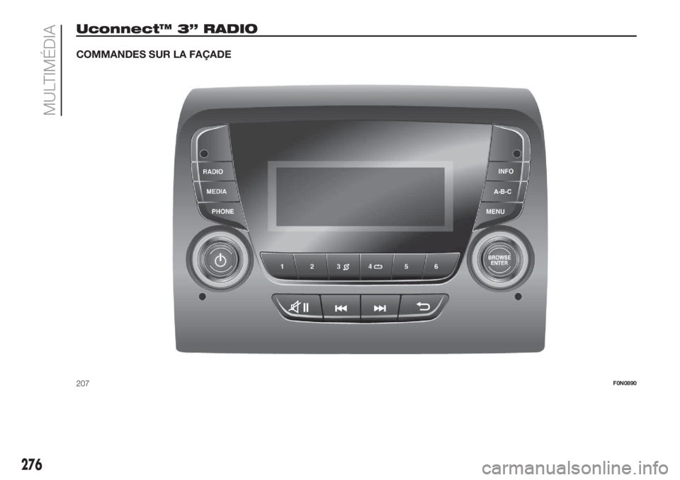 FIAT DUCATO BASE CAMPER 2017 Notice dentretien (in French) Uconnect™ 3” RADIO
COMMANDES SUR LA FAÇADE
207F0N0890
276
MULTIMÉDIA FIAT DUCATO BASE CAMPER 2017 Notice dentretien (in French) Uconnect™ 3” RADIO
COMMANDES SUR LA FAÇADE
207F0N0890
276
MULTIMÉDIA