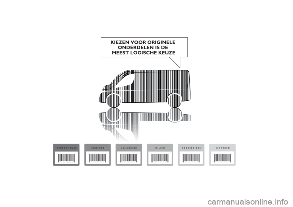 FIAT DUCATO BASE CAMPER 2014  Instructieboek (in Dutch) KIEZEN VOOR ORIGINELE 
ONDERDELEN IS DE 
MEEST LOGISCHE KEUZE
PERFORMANCECOMFORT VEILIGHEID MILIEU WAARDENACCESSOIRESORIGINELE ONDERDELENORIGINELE ONDERDELEN
ORIGINELE ONDERDELEN ORIGINELE ONDERDELEN
