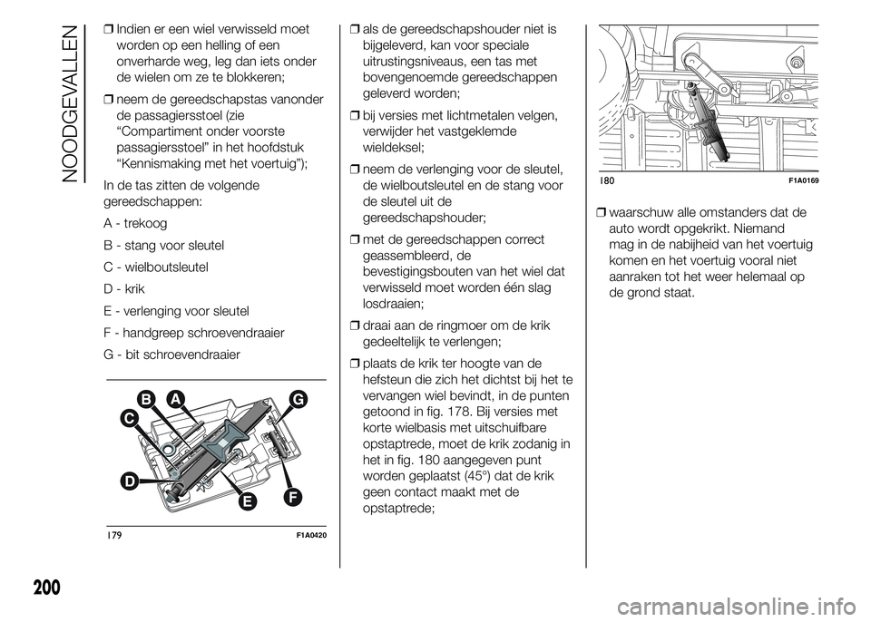 FIAT DUCATO BASE CAMPER 2015 Instructieboek (in Dutch) ❒Indien er een wiel verwisseld moet
worden op een helling of een
onverharde weg, leg dan iets onder
de wielen om ze te blokkeren;
❒neem de gereedschapstas vanonder
de passagiersstoel (zie
“Compa FIAT DUCATO BASE CAMPER 2015 Instructieboek (in Dutch) ❒Indien er een wiel verwisseld moet
worden op een helling of een
onverharde weg, leg dan iets onder
de wielen om ze te blokkeren;
❒neem de gereedschapstas vanonder
de passagiersstoel (zie
“Compa