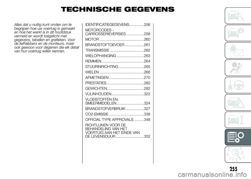 FIAT DUCATO BASE CAMPER 2015 Instructieboek (in Dutch) TECHNISCHE GEGEVENS
Alles dat u nuttig kunt vinden om te
begrijpen hoe uw voertuig is gemaakt
en hoe het werkt is in dit hoofdstuk
vermeld en wordt toegelicht met
gegevens, tabellen en grafieken. Voor FIAT DUCATO BASE CAMPER 2015 Instructieboek (in Dutch) TECHNISCHE GEGEVENS
Alles dat u nuttig kunt vinden om te
begrijpen hoe uw voertuig is gemaakt
en hoe het werkt is in dit hoofdstuk
vermeld en wordt toegelicht met
gegevens, tabellen en grafieken. Voor