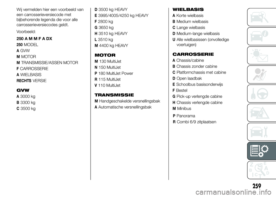 FIAT DUCATO BASE CAMPER 2015  Instructieboek (in Dutch) PPanorama
RCombi 6/9 zitplaatsen
259
Wij vermelden hier een voorbeeld van
een carrosserieversiecode met
bijbehorende legenda die voor alle
carrosserieversiecodes geldt.
Voorbeeld:
250AMMFADX
250MODEL
