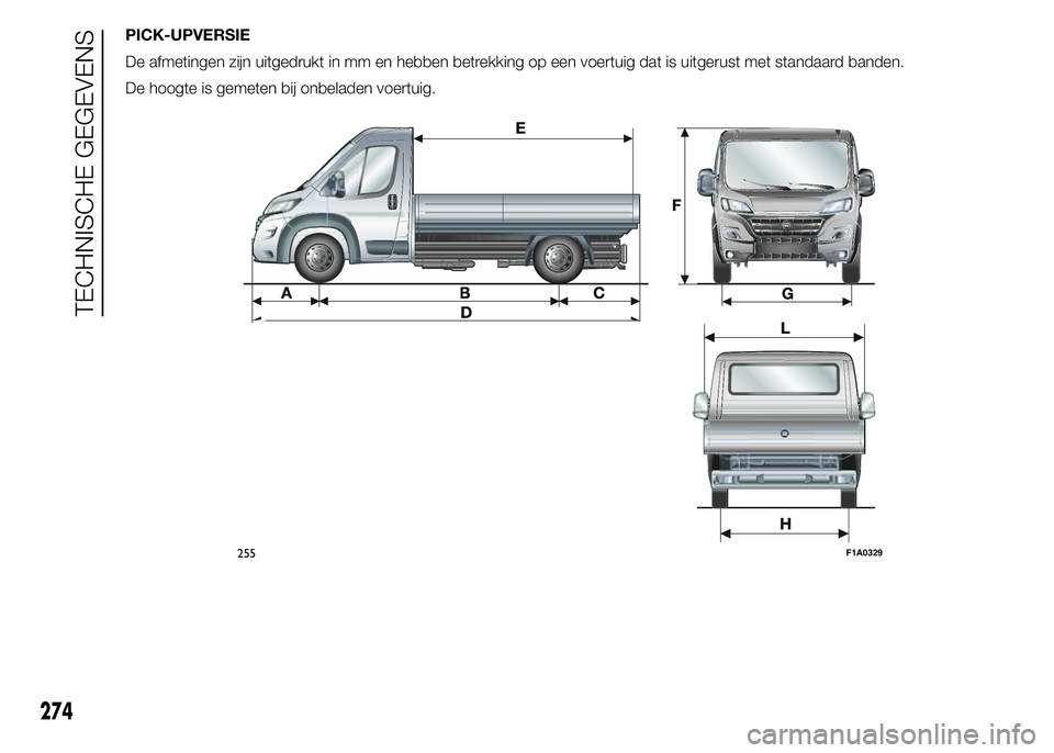 FIAT DUCATO BASE CAMPER 2015  Instructieboek (in Dutch) PICK-UPVERSIE
De afmetingen zijn uitgedrukt in mm en hebben betrekking op een voertuig dat is uitgerust met standaard banden.
De hoogte is gemeten bij onbeladen voertuig.
255F1A0329
274
TECHNISCHE GEG