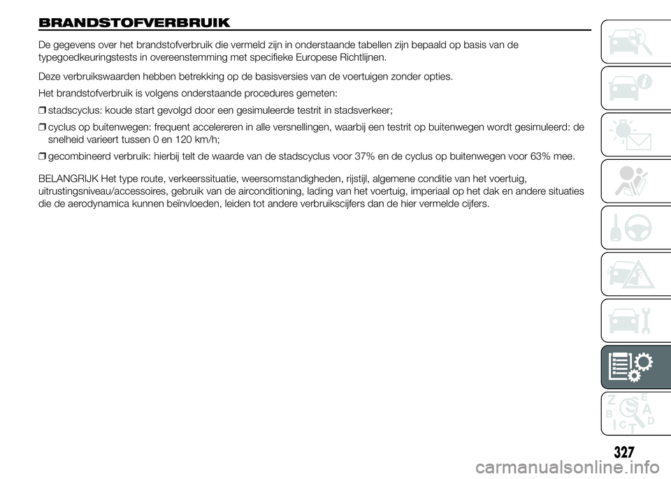 FIAT DUCATO BASE CAMPER 2015  Instructieboek (in Dutch) BRANDSTOFVERBRUIK
De gegevens over het brandstofverbruik die vermeld zijn in onderstaande tabellen zijn bepaald op basis van de
typegoedkeuringstests in overeenstemming met specifieke Europese Richtli