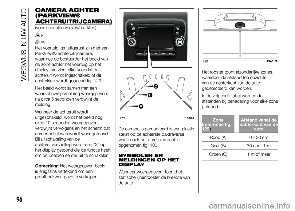 FIAT DUCATO BASE CAMPER 2015 Instructieboek (in Dutch) CAMERA ACHTER
(PARKVIEW®
ACHTERUITRIJCAMERA)
(voor bepaalde versies/markten)
9)
81)
Het voertuig kan uitgerust zijn met een
ParkView® achteruitrijcamera,
waarmee de bestuurder het beeld van
de zone FIAT DUCATO BASE CAMPER 2015 Instructieboek (in Dutch) CAMERA ACHTER
(PARKVIEW®
ACHTERUITRIJCAMERA)
(voor bepaalde versies/markten)
9)
81)
Het voertuig kan uitgerust zijn met een
ParkView® achteruitrijcamera,
waarmee de bestuurder het beeld van
de zone