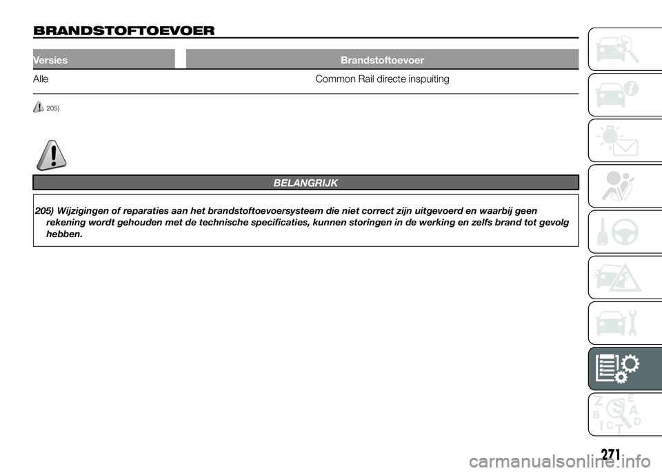 FIAT DUCATO BASE CAMPER 2016 Instructieboek (in Dutch) BRANDSTOFTOEVOER
Versies Brandstoftoevoer
Alle Common Rail directe inspuiting
205)
BELANGRIJK
205) Wijzigingen of reparaties aan het brandstoftoevoersysteem die niet correct zijn uitgevoerd en waarbij FIAT DUCATO BASE CAMPER 2016 Instructieboek (in Dutch) BRANDSTOFTOEVOER
Versies Brandstoftoevoer
Alle Common Rail directe inspuiting
205)
BELANGRIJK
205) Wijzigingen of reparaties aan het brandstoftoevoersysteem die niet correct zijn uitgevoerd en waarbij