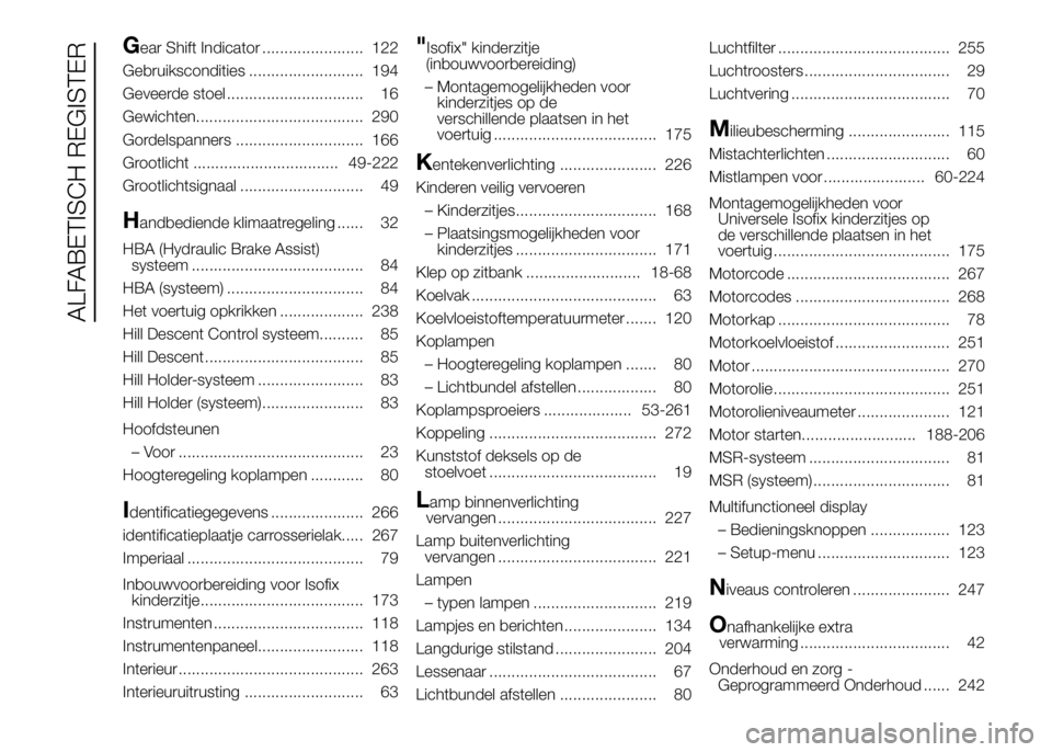 FIAT DUCATO BASE CAMPER 2016 Instructieboek (in Dutch) Gear Shift Indicator ....................... 122
Gebruikscondities .......................... 194
Geveerde stoel ............................... 16
Gewichten...................................... 290
FIAT DUCATO BASE CAMPER 2016 Instructieboek (in Dutch) Gear Shift Indicator ....................... 122
Gebruikscondities .......................... 194
Geveerde stoel ............................... 16
Gewichten...................................... 290