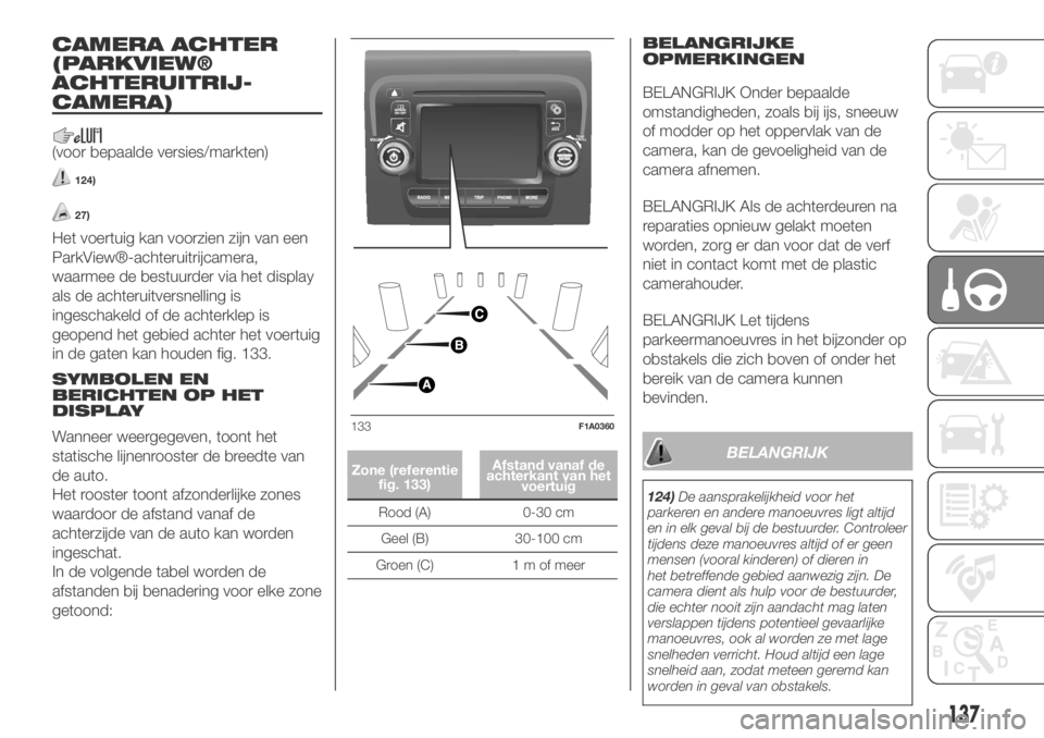 FIAT DUCATO BASE CAMPER 2018 Instructieboek (in Dutch) CAMERA ACHTER
(PARKVIEW®
ACHTERUITRIJ-
CAMERA)
(voor bepaalde versies/markten)
124)
27)
Het voertuig kan voorzien zijn van een
ParkView®-achteruitrijcamera,
waarmee de bestuurder via het display
als FIAT DUCATO BASE CAMPER 2018 Instructieboek (in Dutch) CAMERA ACHTER
(PARKVIEW®
ACHTERUITRIJ-
CAMERA)
(voor bepaalde versies/markten)
124)
27)
Het voertuig kan voorzien zijn van een
ParkView®-achteruitrijcamera,
waarmee de bestuurder via het display
als
