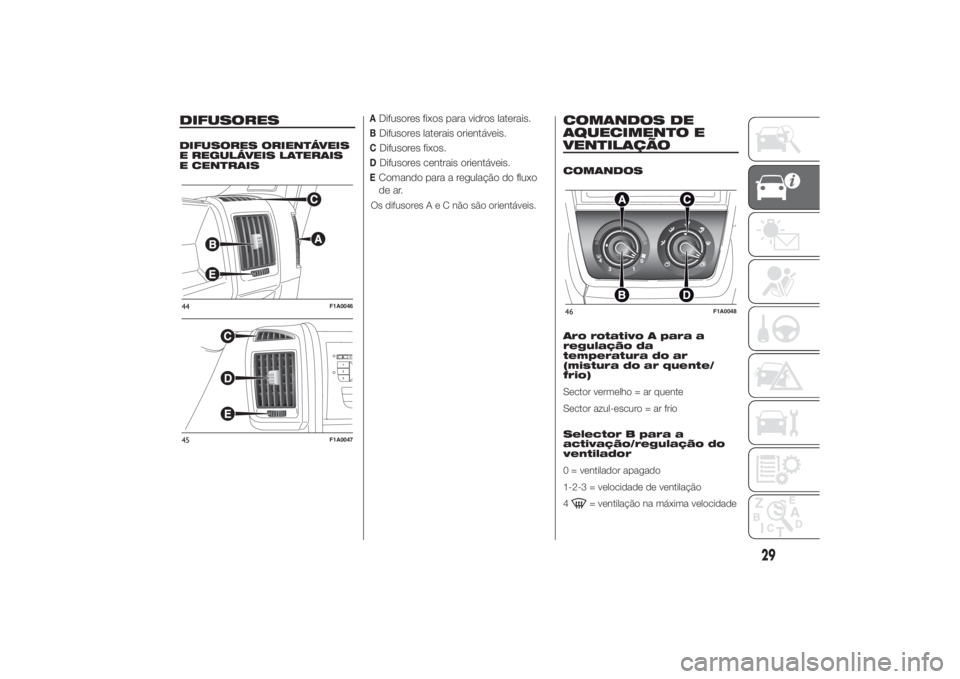FIAT DUCATO BASE CAMPER 2014 Manual de Uso e Manutenção (in Portuguese) DIFUSORESDIFUSORES ORIENTÁVEIS
E REGULÁVEIS LATERAIS
E CENTRAIS
ADifusores fixos para vidros laterais.BDifusores laterais orientáveis.CDifusores fixos.DDifusores centrais orientáveis.EComando para FIAT DUCATO BASE CAMPER 2014 Manual de Uso e Manutenção (in Portuguese) DIFUSORESDIFUSORES ORIENTÁVEIS
E REGULÁVEIS LATERAIS
E CENTRAIS
ADifusores fixos para vidros laterais.BDifusores laterais orientáveis.CDifusores fixos.DDifusores centrais orientáveis.EComando para