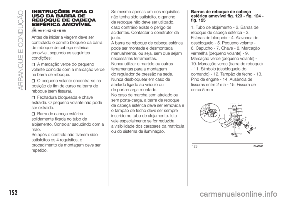 FIAT DUCATO BASE CAMPER 2017 Manual de Uso e Manutenção (in Portuguese) INSTRUÇÕES PARA O
USO DA BARRA DE
REBOQUE DE CABEÇA
ESFÉRICA AMOVÍVEL
40) 41) 42) 43) 44) 45)
Antes de iniciar a viagem deve ser
controlado o correto bloqueio da barra
de reboque de cabeça esfé FIAT DUCATO BASE CAMPER 2017 Manual de Uso e Manutenção (in Portuguese) INSTRUÇÕES PARA O
USO DA BARRA DE
REBOQUE DE CABEÇA
ESFÉRICA AMOVÍVEL
40) 41) 42) 43) 44) 45)
Antes de iniciar a viagem deve ser
controlado o correto bloqueio da barra
de reboque de cabeça esfé
