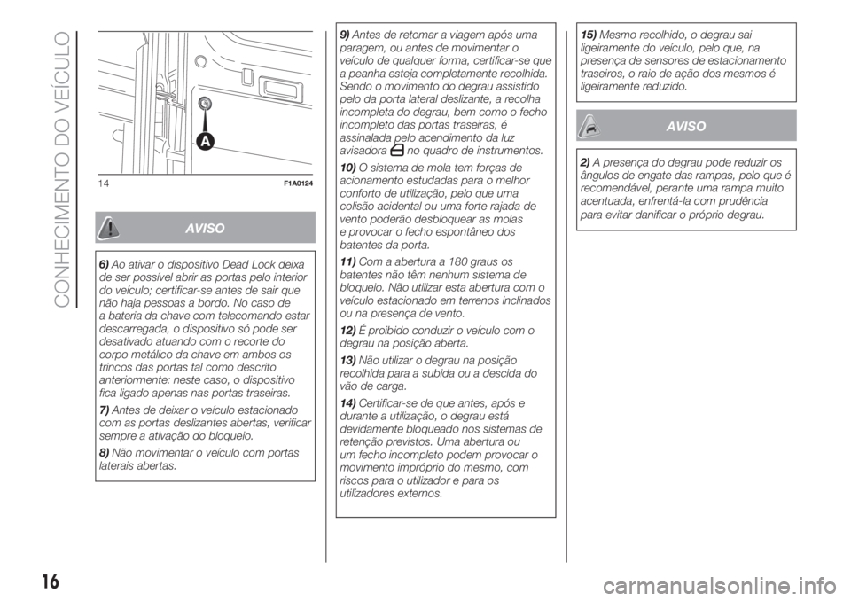 FIAT DUCATO BASE CAMPER 2017 Manual de Uso e Manutenção (in Portuguese) AVISO
6)Ao ativar o dispositivo Dead Lock deixa
de ser possível abrir as portas pelo interior
do veículo; certificar-se antes de sair que
não haja pessoas a bordo. No caso de
a bateria da chave com FIAT DUCATO BASE CAMPER 2017 Manual de Uso e Manutenção (in Portuguese) AVISO
6)Ao ativar o dispositivo Dead Lock deixa
de ser possível abrir as portas pelo interior
do veículo; certificar-se antes de sair que
não haja pessoas a bordo. No caso de
a bateria da chave com
