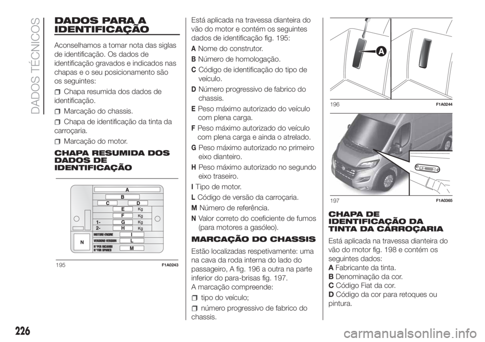 FIAT DUCATO BASE CAMPER 2017 Manual de Uso e Manutenção (in Portuguese) DADOS PARA A
IDENTIFICAÇÃO
Aconselhamos a tomar nota das siglas
de identificação. Os dados de
identificação gravados e indicados nas
chapas e o seu posicionamento são
os seguintes:
Chapa resumi FIAT DUCATO BASE CAMPER 2017 Manual de Uso e Manutenção (in Portuguese) DADOS PARA A
IDENTIFICAÇÃO
Aconselhamos a tomar nota das siglas
de identificação. Os dados de
identificação gravados e indicados nas
chapas e o seu posicionamento são
os seguintes:
Chapa resumi