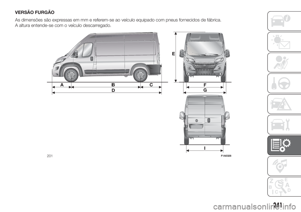 FIAT DUCATO BASE CAMPER 2017  Manual de Uso e Manutenção (in Portuguese) VERSÃO FURGÃO
As dimensões são expressas em mm e referem-se ao veículo equipado com pneus fornecidos de fábrica.
A altura entende-se com o veículo descarregado.
201F1A0328
241 