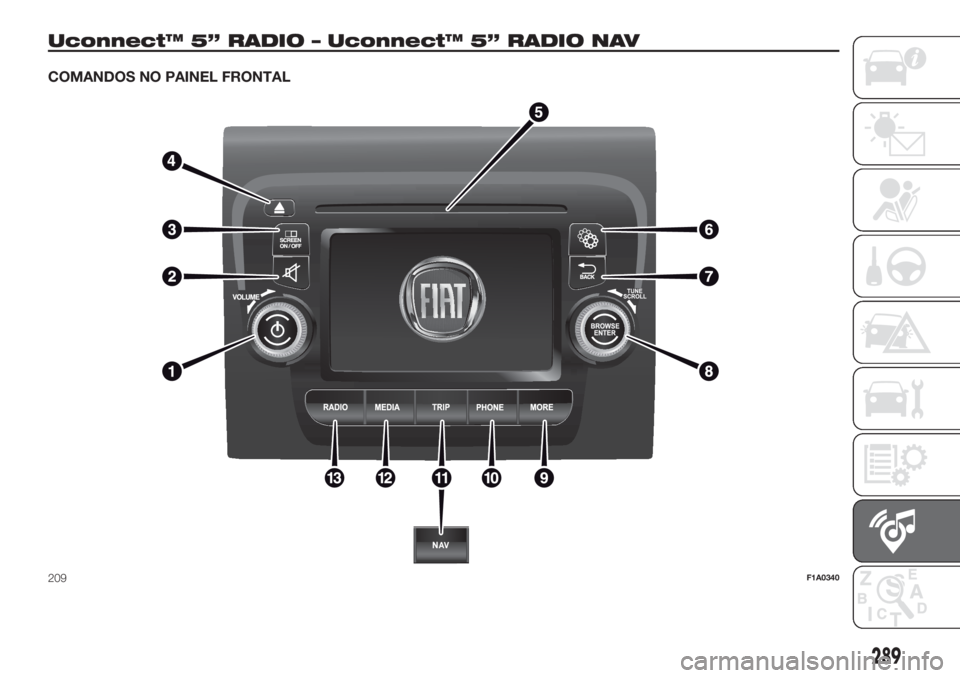 FIAT DUCATO BASE CAMPER 2017 Manual de Uso e Manutenção (in Portuguese) Uconnect™ 5” RADIO – Uconnect™ 5” RADIO NAV
COMANDOS NO PAINEL FRONTAL
209F1A0340
289 FIAT DUCATO BASE CAMPER 2017 Manual de Uso e Manutenção (in Portuguese) Uconnect™ 5” RADIO – Uconnect™ 5” RADIO NAV
COMANDOS NO PAINEL FRONTAL
209F1A0340
289