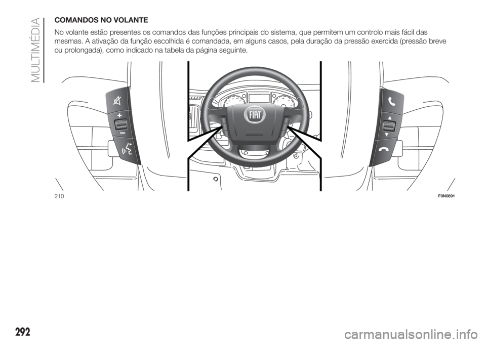 FIAT DUCATO BASE CAMPER 2017 Manual de Uso e Manutenção (in Portuguese) COMANDOS NO VOLANTE
No volante estão presentes os comandos das funções principais do sistema, que permitem um controlo mais fácil das
mesmas. A ativação da função escolhida é comandada, em al FIAT DUCATO BASE CAMPER 2017 Manual de Uso e Manutenção (in Portuguese) COMANDOS NO VOLANTE
No volante estão presentes os comandos das funções principais do sistema, que permitem um controlo mais fácil das
mesmas. A ativação da função escolhida é comandada, em al