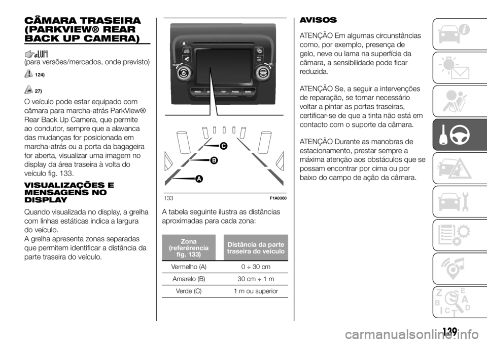 FIAT DUCATO BASE CAMPER 2018 Manual de Uso e Manutenção (in Portuguese) CÂMARA TRASEIRA
(PARKVIEW® REAR
BACK UP CAMERA)
(para versões/mercados, onde previsto)
124)
27)
O veículo pode estar equipado com
câmara para marcha-atrás ParkView®
Rear Back Up Camera, que per FIAT DUCATO BASE CAMPER 2018 Manual de Uso e Manutenção (in Portuguese) CÂMARA TRASEIRA
(PARKVIEW® REAR
BACK UP CAMERA)
(para versões/mercados, onde previsto)
124)
27)
O veículo pode estar equipado com
câmara para marcha-atrás ParkView®
Rear Back Up Camera, que per