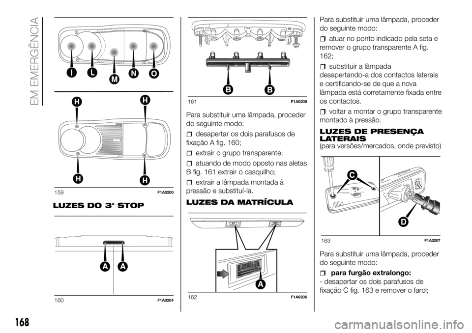 FIAT DUCATO BASE CAMPER 2018  Manual de Uso e Manutenção (in Portuguese) LUZES DO 3° STOPPara substituir uma lâmpada, proceder
do seguinte modo:
desapertar os dois parafusos de
fixação A fig. 160;
extrair o grupo transparente;
atuando de modo oposto nas aletas
B fig. 1