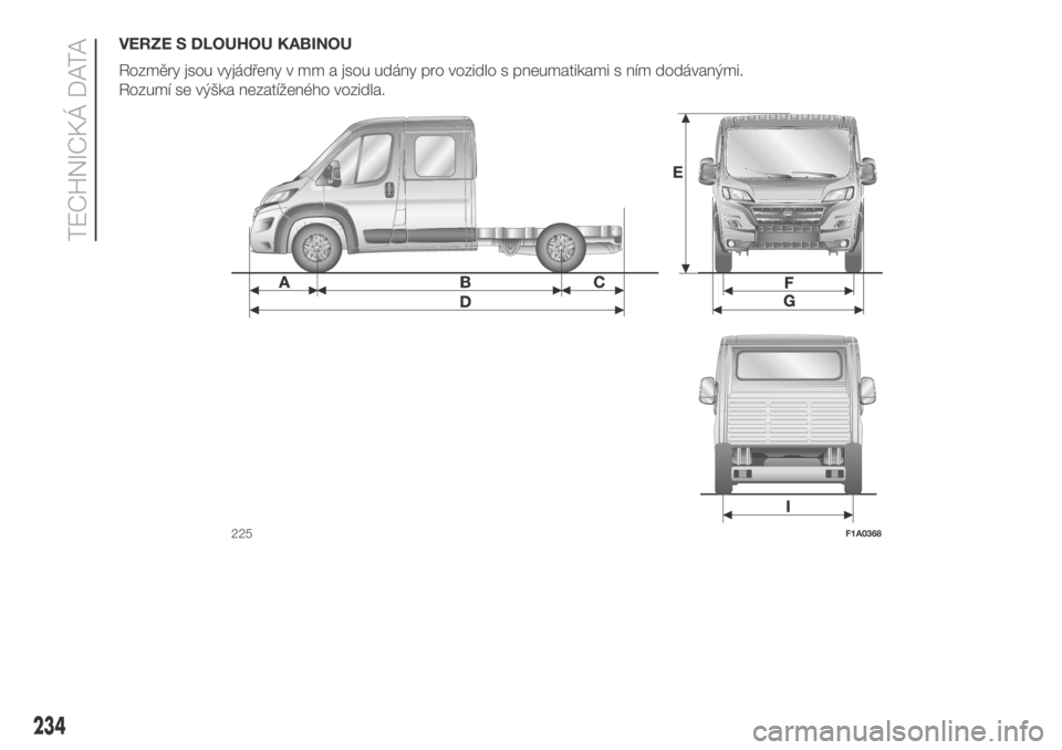 FIAT DUCATO BASE CAMPER 2018  Návod k použití a údržbě (in Czech) VERZE S DLOUHOU KABINOU
Rozměry jsou vyjádřeny v mm a jsou udány pro vozidlo s pneumatikami s ním dodávanými.
Rozumí se výška nezatíženého vozidla.
225F1A0368
234
TECHNICKÁ DATA 
