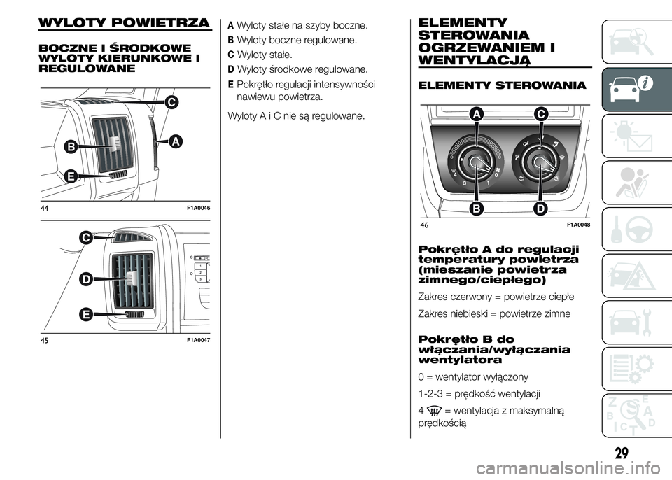 FIAT DUCATO BASE CAMPER 2015  Instrukcja obsługi (in Polish) WYLOTY POWIETRZA
BOCZNE I ŚRODKOWE
WYLOTY KIERUNKOWE I
REGULOWANE
AWyloty stałe na szyby boczne.
BWyloty boczne regulowane.
CWyloty stałe.
DWyloty środkowe regulowane.
EPokrętło regulacji intens