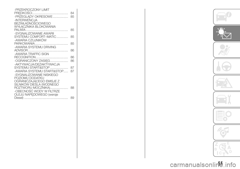 FIAT DUCATO BASE CAMPER 2018  Instrukcja obsługi (in Polish) -PRZEKROCZONY LIMIT
PRĘDKOŚCI ........................................ 84
-PRZEGLĄDY OKRESOWE ................. 85
-INTERWENCJA
BEZWŁADNOŚCIOWEGO
WYŁĄCZNIKA BLOKOWANIA
PALIWA ..................