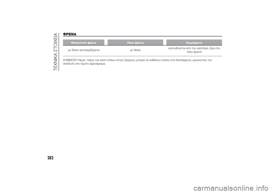 FIAT DUCATO BASE CAMPER 2014  ΒΙΒΛΙΟ ΧΡΗΣΗΣ ΚΑΙ ΣΥΝΤΗΡΗΣΗΣ (in Greek) ΦΡΕΝΑ
Μπροστινά φρένα Πίσω φρένα Χειρόφρενομε δίσκο αυτοαεριζόμενα με δίσκοκατευθύνεται από την καστάνια, δ