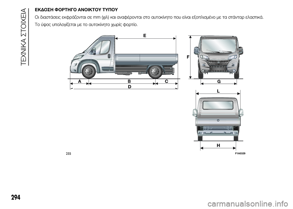 FIAT DUCATO BASE CAMPER 2015  ΒΙΒΛΙΟ ΧΡΗΣΗΣ ΚΑΙ ΣΥΝΤΗΡΗΣΗΣ (in Greek) ΕΚΔΟΣΗ ΦΟΡΤΗΓΟ ΑΝΟΙΚΤΟΥ ΤΥΠΟΥ
Οι διαστάσεις εκφράζονται σε mm (χιλ) και αναφέρονται στο αυτοκίνητο που είναι ε