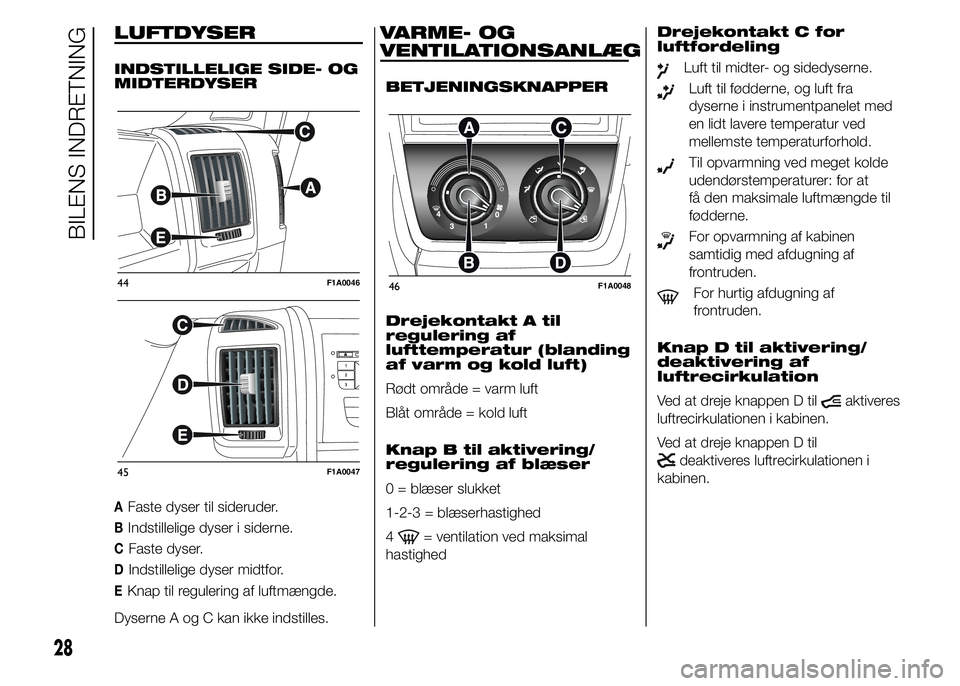 FIAT DUCATO BASE CAMPER 2015  Brugs- og vedligeholdelsesvejledning (in Danish) LUFTDYSER
INDSTILLELIGE SIDE- OG
MIDTERDYSER
AFaste dyser til sideruder.
BIndstillelige dyser i siderne.
CFaste dyser.
DIndstillelige dyser midtfor.
EKnap til regulering af luftmængde.
Dyserne A og C