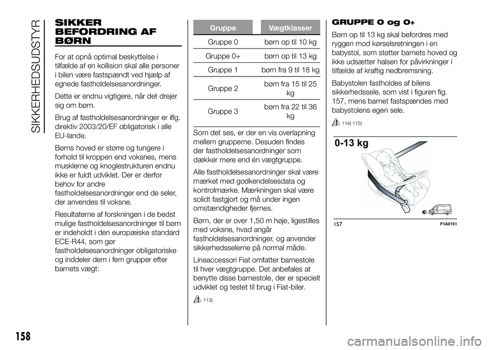 FIAT DUCATO BASE CAMPER 2016  Brugs- og vedligeholdelsesvejledning (in Danish) SIKKER
BEFORDRING AF
BØRN
For at opnå optimal beskyttelse i
tilfælde af en kollision skal alle personer
i bilen være fastspændt ved hjælp af
egnede fastholdelsesanordninger.
Dette er endnu vigti