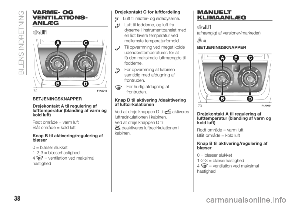 FIAT DUCATO BASE CAMPER 2018  Brugs- og vedligeholdelsesvejledning (in Danish) VARME- OG
VENTILATIONS-
ANLÆG
BETJENINGSKNAPPER
Drejekontakt A til regulering af
lufttemperatur (blanding af varm og
kold luft)
Rødt område = varm luft
Blåt område = kold luft
Knap B til aktiveri